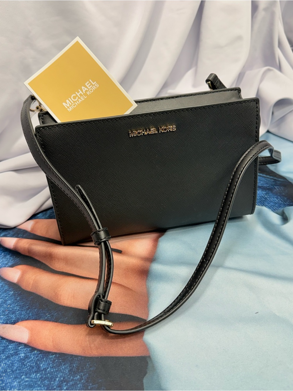 (new+tag) Michael Kors Sheila Black Saffiano Leather Crossbody Bag 8 x 5.25 inch